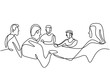 Continuous one line drawing of group of business people having discussion in conference room. Professional young business team is talking new project isolated on white background. Vector illustration
