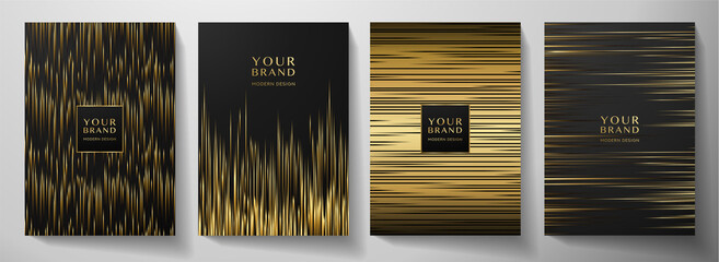 Wall Mural - Modern black stripe cover design set. Luxury creative gold dynamic diagonal line pattern. Formal premium vector background for business brochure, poster, notebook, menu template