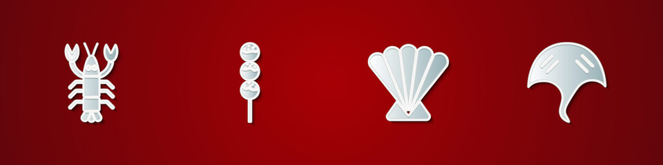 Set Lobster, Takoyaki on a stick, Scallop sea shell and Stingray icon. Vector.