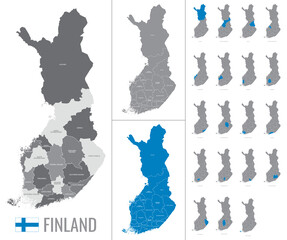 Wall Mural - Detailed vector map of Finland regions with flag on white background