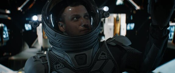 Wall Mural - pov caucasian male astronaut having remote video call inside spaceship cockpit. sci-fi space explora
