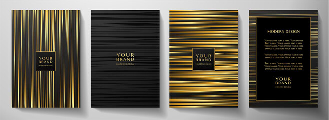 Wall Mural - Modern black stripe cover design set. Luxury creative gold dynamic line pattern. Formal premium vector background for business brochure, poster, notebook, menu template 