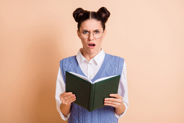 Poster - Photo of brunette stressed lady read book wear spectacles white shirt blue vest isolated on beige color background