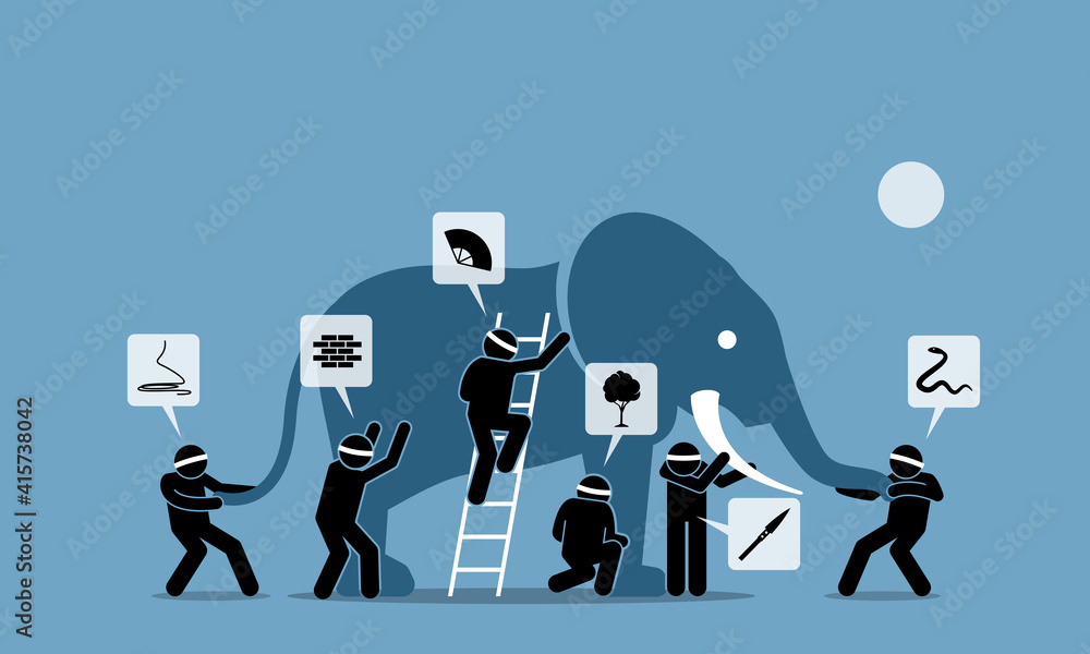 Six blind men touching an elephant. Vector illustrations depict six blindfolded people with different perceptions, impressions, ideas, opinions, beliefs, and interpretation towards an elephant. - obrazy, fototapety, plakaty 