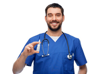 Poster - healthcare, profession and medicine concept - happy smiling doctor or male nurse in blue uniform with nasal spray and stethoscope over white background