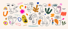Trendy Vector Set Of Various Faces Illustrations In Minimal Continuous Line Style. Hand Drawn Vector Fashionable Collection.