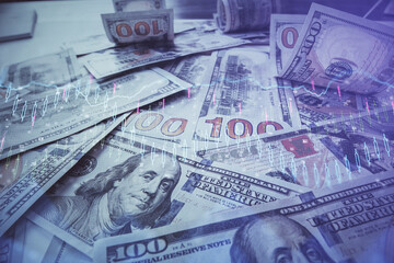 Fototapete - Multi exposure of forex chart drawing over us dollars bill background. Concept of financial success markets.
