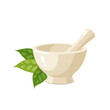 Herbs and porcelain mortar. Vector illustration cartoon flat icon isolated on white background.