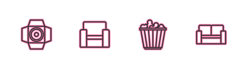 Poster - Set line Movie spotlight, Popcorn in box, Cinema chair and icon. Vector.