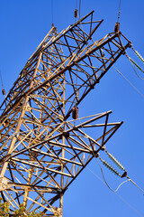 Power line support on the background of blue sky