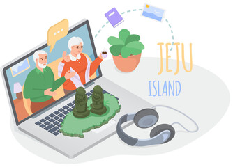 Couple of seniors going on summer tour, vacation in asia Jeju island. Travel to South korea. Website traditional landmarks, sights, popular place for visiting tourists at green tropical island