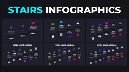 Neumorphic Vector Infographic. Presentation slide template. Stairs with 3, 4, 5, 6, 7, 8 steps. Neumorphism dark ui design. Clean minimal flat style. 