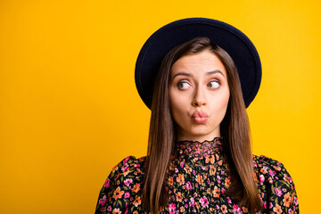 Sticker - Portrait of adorable person look empty space kiss lips headwear retro clothing isolated on yellow color background