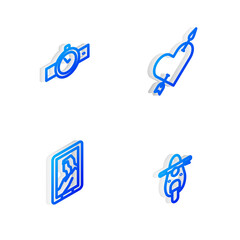 Sticker - Set Isometric line Amour with heart and arrow, Wrist watch, Portrait in museum and Scooter icon. Vector.