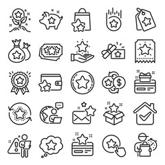 Wall Mural - Loyalty program line icons. Bonus card, Redeem gift and discount coupon signs. Lottery ticket, Earn reward and winner gift icons. Shopping bag, loyalty card and lottery present. Line icon set. Vector