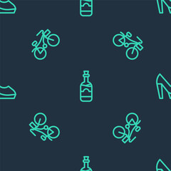 Sticker - Set line Bottles of wine, Bicycle and Woman shoe on seamless pattern. Vector.