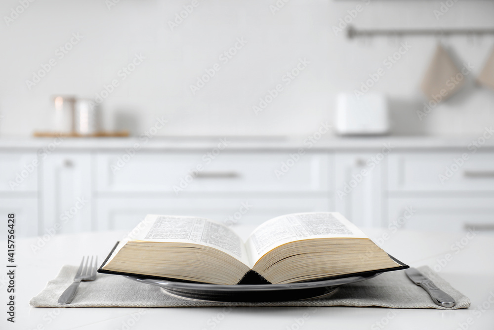 Table setting with Holy Bible on white background. Great Lent season ...