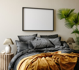 mockup frame in bedroom interior background, coastal boho style, 3d render