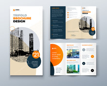 Tri Fold Orange Brochure Design With Square Shapes, Corporate Business Template For Tri Fold Flyer. The Template Is White With A Place For Photos. Creative Concept Folded Flyer Or Brochure.