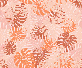 Random placed vector jungle leaves seamless pattern clipping mask in earthy tones with background.