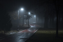 Lantern Lights On The Red Alley In The Fog