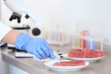 Wall Mural - scientist inspecting meat at table in laboratory, closeup. food quality control