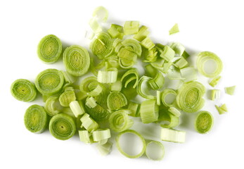 Wall Mural - Chopped leek slices pile isolated on white background, top view