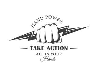 Vintage logo fist and lightning isolated on white background