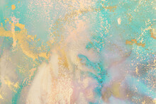 Art Photography Of Abstract Fluid Art Painting With Alcohol Ink, Blue, Turquoise And Gold Colors