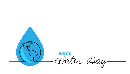 World water day vector one line illustration with aqua drop and planet. Minimal background, banner, poster with lettering Water Day