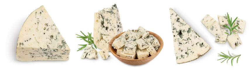 Blue cheese with rosemary isolated on white background with full depth of field. Set or collection