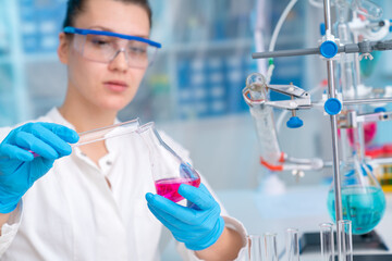 Wall Mural - Young woman in a pharmacological laboratory. Development of an antiviral drug. Pandemic COVID-19