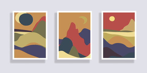  Set of minimalist landscape abstract compositions. Collage organic shapes with geometric nature, sea, sky, sun, mountain landscape. Great for design wall decoration, postcard or brochure cover. Vecto