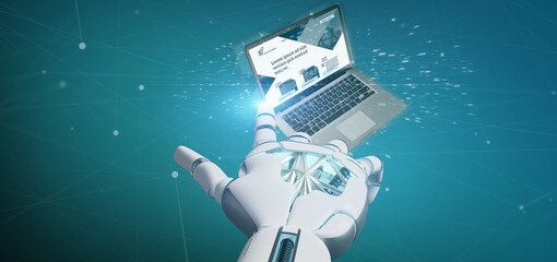 Wall Mural - cyborg hand holding a laptop with business website template on the screen isolated on a background