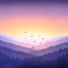Watercolor Illustration Of A Forest At Sunset. Acrylic Background Of Purple Mountains At Sunrise. Birds Flying Over The Trees