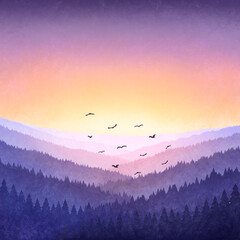 watercolor illustration of a forest at sunset. acrylic background of purple mountains at sunrise. bi
