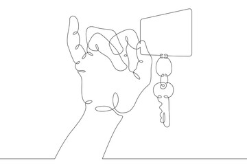 Wall Mural - Hand brush palm holds a metal key from the lock with his fingers. One continuous drawing line  logo single hand drawn art doodle isolated minimal illustration.