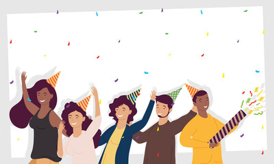 Poster - group of five persons celebrating birthday characters