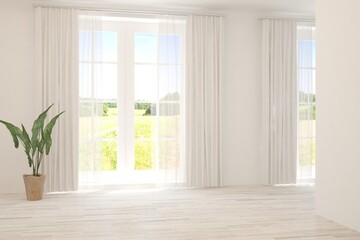 White empty room with summer landscape in window. Scandinavian interior design. 3D illustration