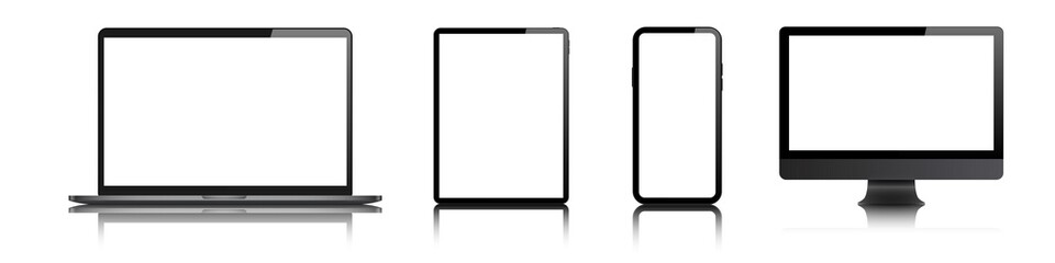 Wall Mural - laptop, desktop computer, tablet, mobile smartwatch blank screen vector mock up. realistic pc, pad, 