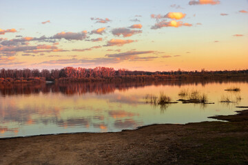 Wall Mural - beautiful landscape evening spring river beautiful sunset clouds
