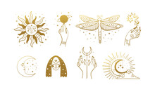 Bundle Of Boho Logos In Gold. Vintage Esoteric Elements For Astrology, Dragonfly, Moon And Sun, Face, Female Hands. Vector Line Illustration Isolated On White Background.