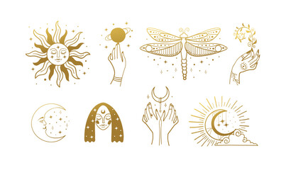 Wall Mural - bundle of boho logos in gold. vintage esoteric elements for astrology, dragonfly, moon and sun, face