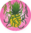 Yellow juicy pineapple and green leaves. Illustration for a t-shirt design. Fashion graphic design art. Pink background and fruit.