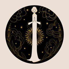 Meditating woman on a night background with the moon, sun, stars and clouds in a round frame. The concept of the mother goddess, spirituality, intuition, esotericism. Vector hand drawn illustration.