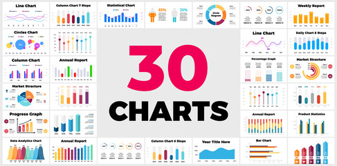 30 infographics. column, bar, line charts. business financial reports. marketing structure. daily, w