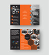 © olegphotor - Vector trifold template presentation with hexagons, orange design elements on black background.