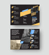 © olegphotor - Vector folding triple brochure with blue, yellow geometric design, black background with place for photo, realistic shadows.