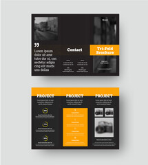 Canvas Print - vector trifold template with yellow rectangular design on black background, with realistic shadows, 