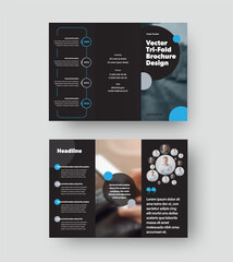 Canvas Print - vector trifold template with blue, gray round design elements on black background, creative brochure